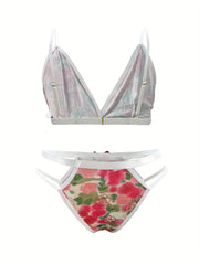 Tie Dye Rose Print Bow Bra & Panty Set