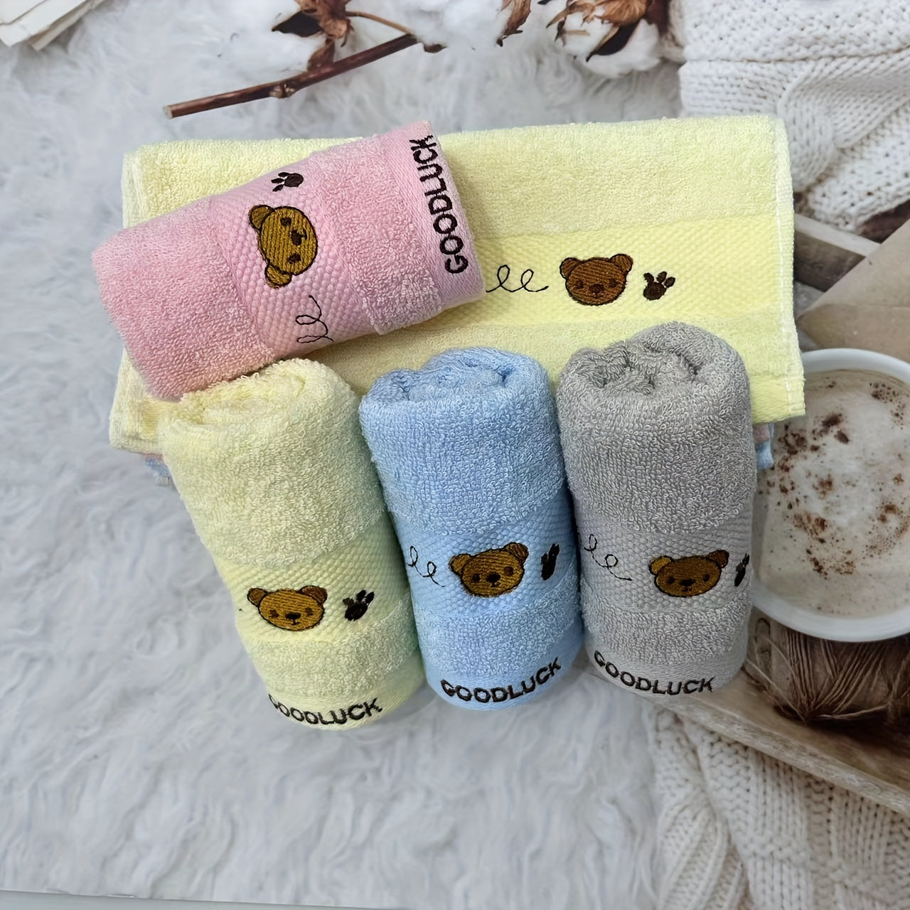 Embroidered Cartoon Pattern Cotton Face Washing Towel 25x9in 1pc