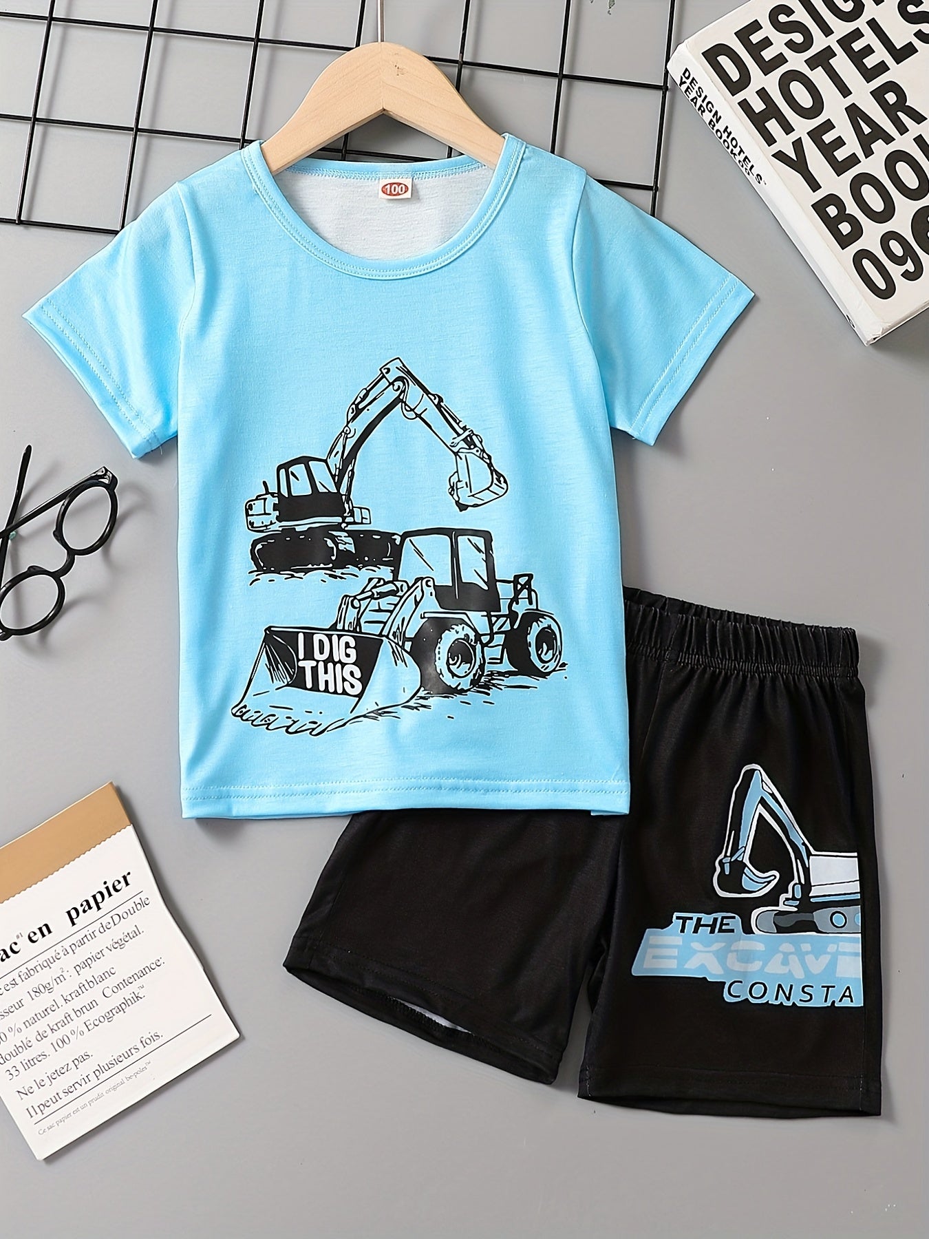 Excavator Print Casual Outfit T-shirt & Shorts Set for Boys