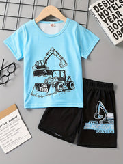 Excavator Print Casual Outfit T-shirt & Shorts Set for Boys