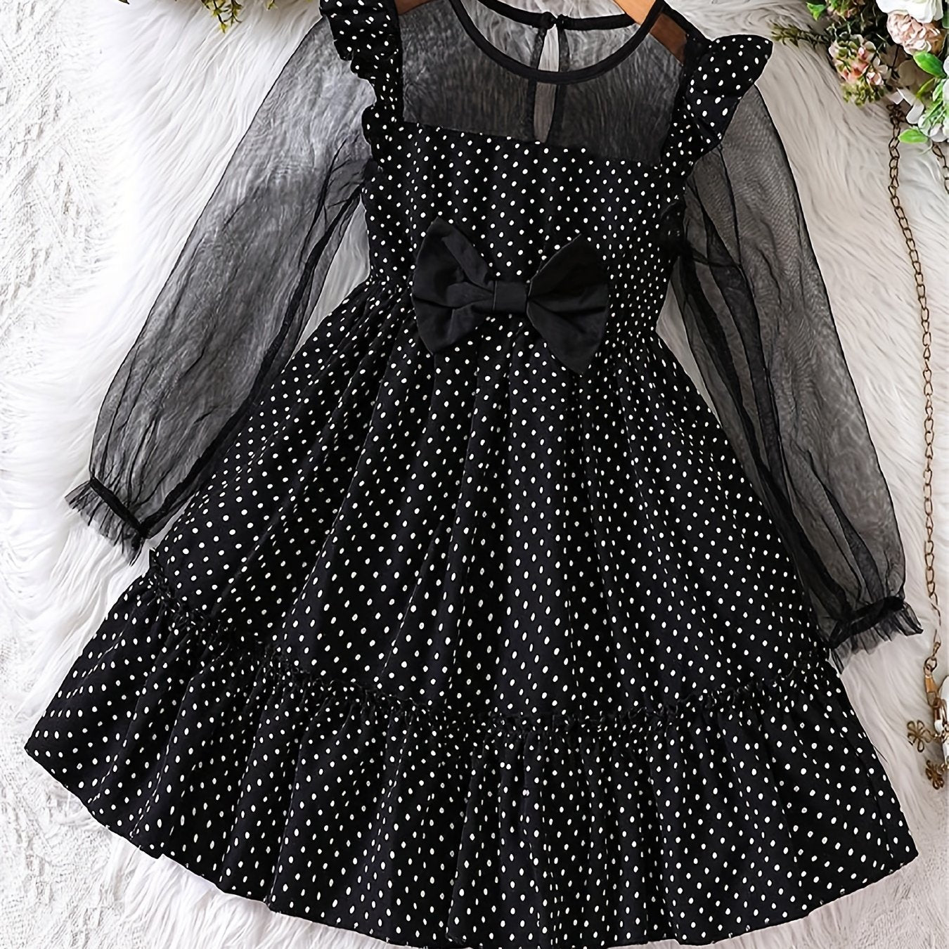 Girls Mesh Polka Dot Dress with Bow