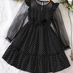 Girls Mesh Polka Dot Dress with Bow