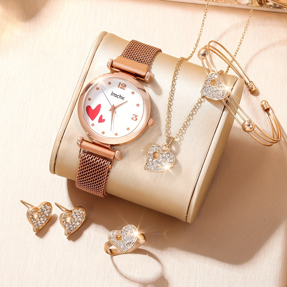 Student Digital Rhinestone Leather Watch & 5pcs Love Rhinestone Jewelry Set