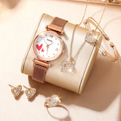 Student Digital Rhinestone Leather Watch & 5pcs Love Rhinestone Jewelry Set