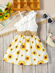 Toddler Girls Ruffle Trim Sunflower Dress Belted Princess Dress