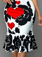 Women's Plus Floral & Heart Print Casual Dress Short Sleeve Round Neck