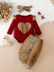 3pcs Baby Girls Embroidered Leopard Love Creeper Top