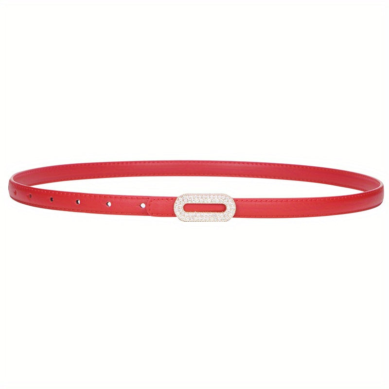 Vintage Thin Leather Belt with Rhinestone Inlaid Long Buckle