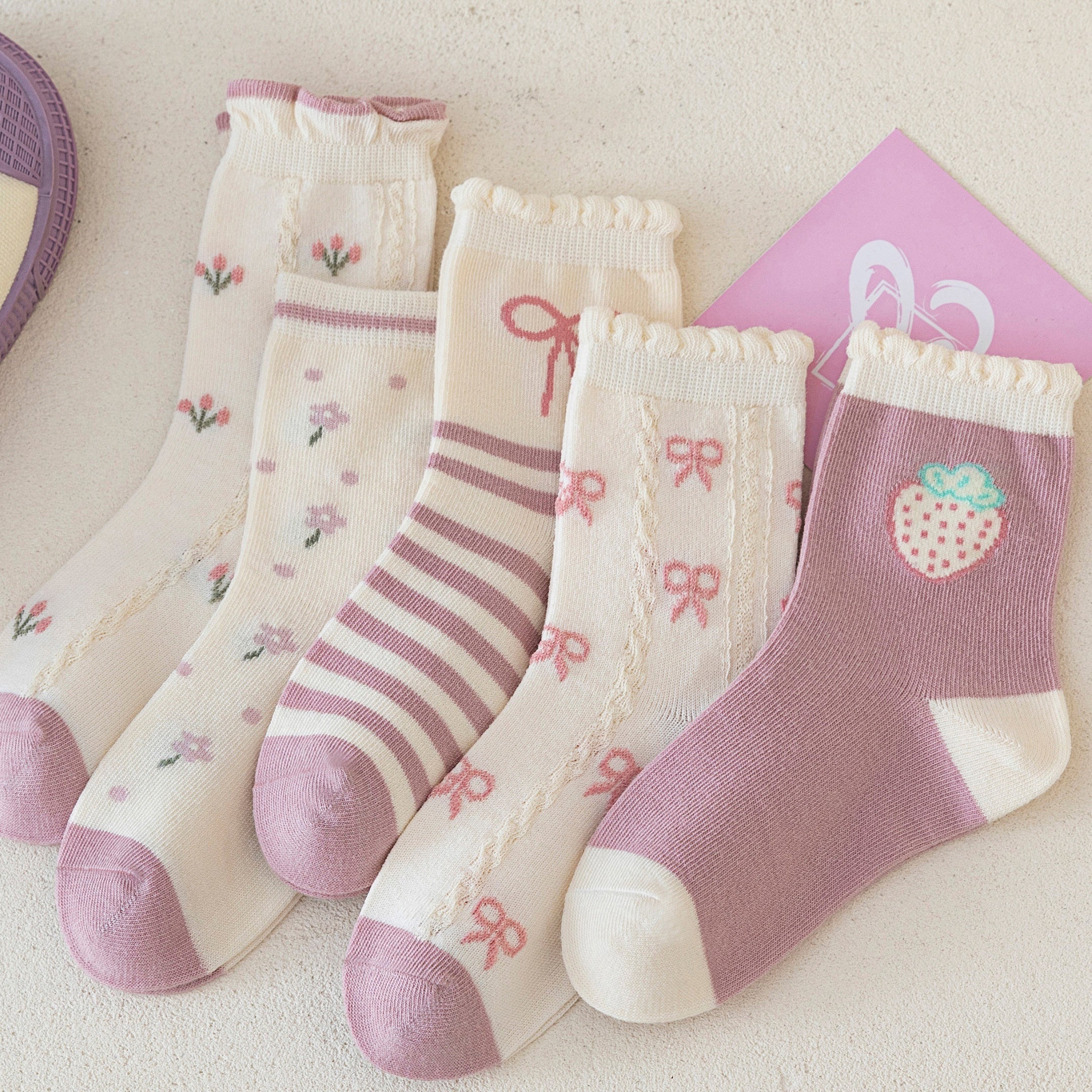 5 Pairs Girls Kids Crew Socks Cartoon Pattern Breathable Comfy Stylish Students