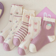 5 Pairs Girls Kids Crew Socks Cartoon Pattern Breathable Comfy Stylish Students