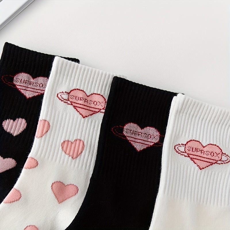4 Pairs Heart Pattern Socks Comfy & Breathable Mid Tube Socks