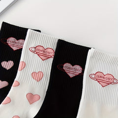 4 Pairs Heart Pattern Socks Comfy & Breathable Mid Tube Socks