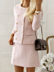 Plaid Print Double Breasted Jacket & Mini Skirt Set