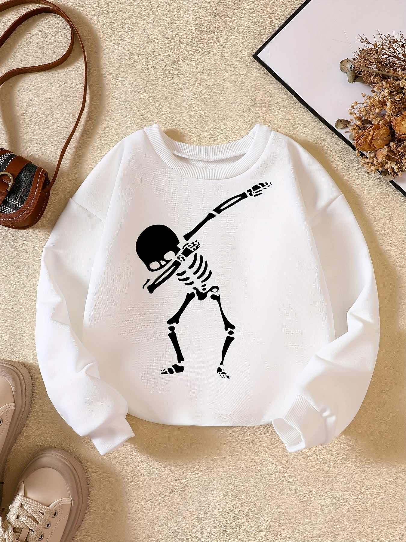 Funny Skeleton Print Boys Casual Sweatshirt Long Sleeve Crew Neck Tops