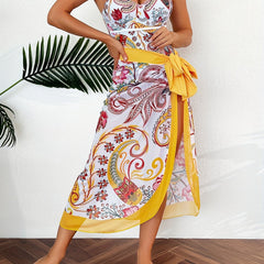 Floral Print Spaghetti Straps One Piece Bathing Suit & Cover Up Skirt Set