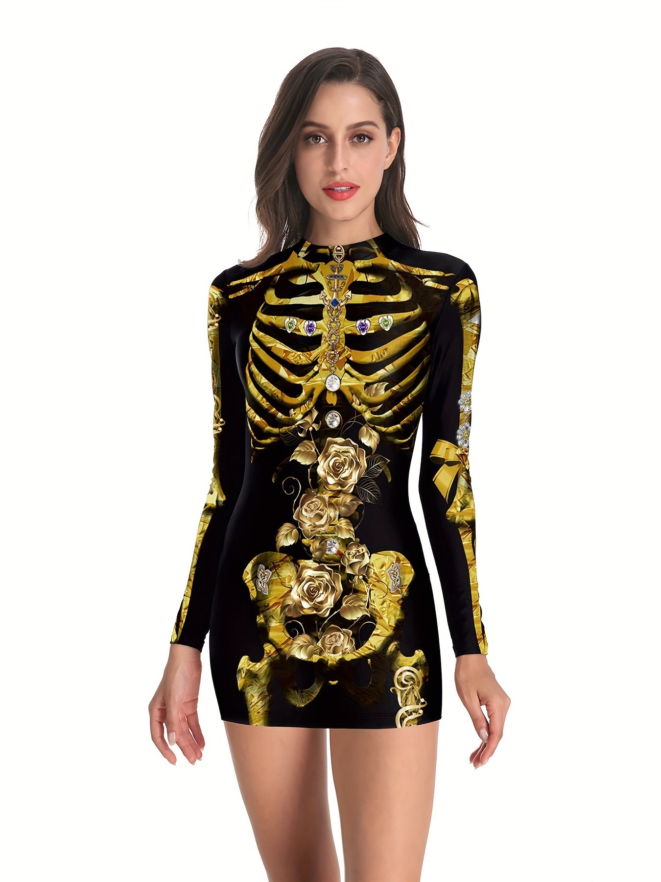 Skeleton & Floral Print Slim Dress Casual Mock Neck Dress
