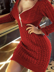 Solid Cable Long Sleeve V Neck Sweater Dress