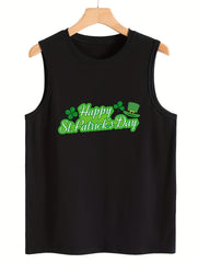 Letter & Leaf Print Sleeveless Sports Vest Round Neck Stretchy Casual Top