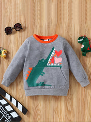 Cartoon Crocodile Print Boys Casual Pullover Sweatshirt