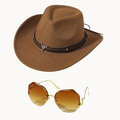 Western Cowboy Hat Glasses Set Belt Decor Fedora Cap & Gradient Sunglasses