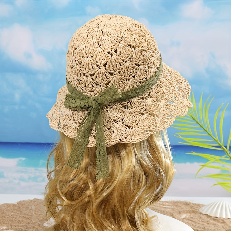 Lace Strap Sun Hat UV Protection Hollow Crochet Straw Hat Solid Bucket Hat