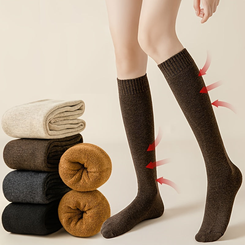 5 Pairs Warm Knee High Calf Socks Women's Stockings Solid Color