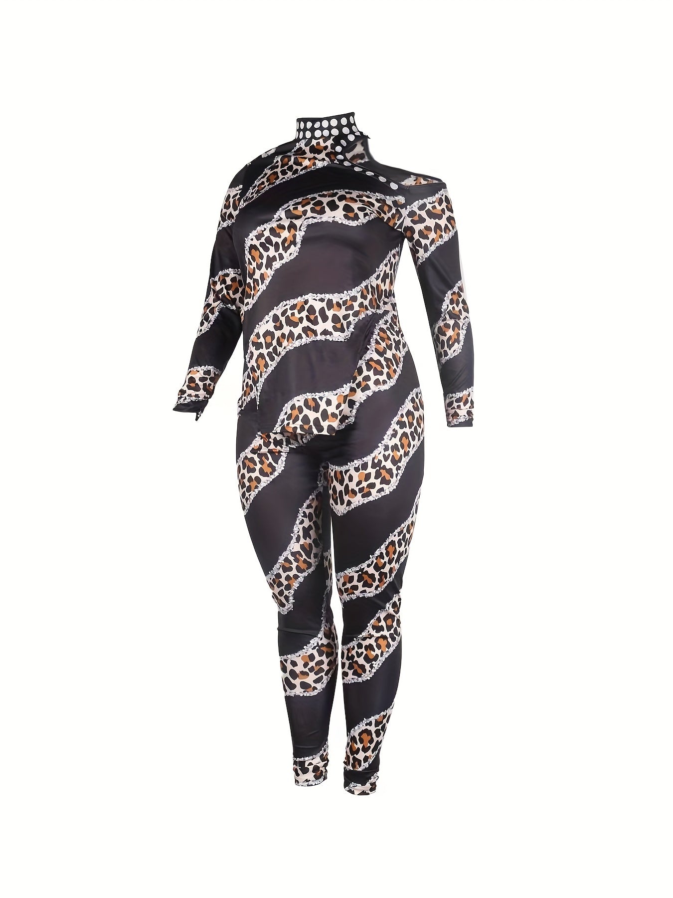 Leopard Patchwork Print Two-piece Set Cold Shoulder Split T-shirt & Casual Pants