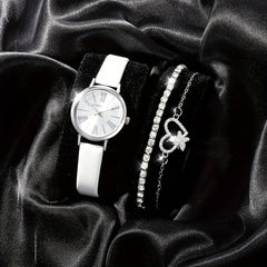 3pcs Roman Numeral Leather Quartz Watch Set