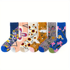 6 Pairs Floral Print Socks Comfy & Breathable Women's Mid Tube Stockings