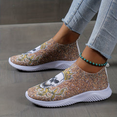 Women's Skull Pattern Sneakers Low Round Toe Non slip Flatform Lightweight Shoes