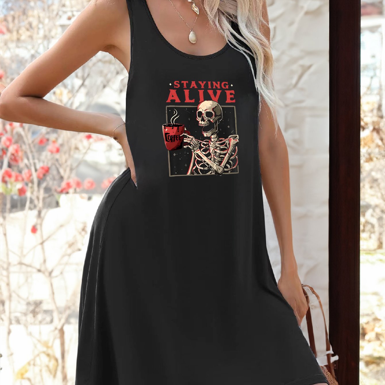Skull Print Lounge Dress Cozy Crew Neck Sleeveless Home Dress Women's Loungewear