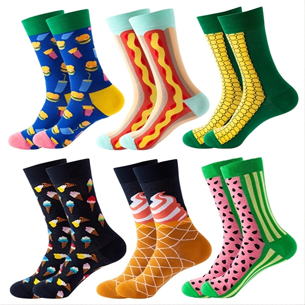 6 Pairs Fun Pattern Crew Socks Lightweight Comfy Warm Cotton Stockings
