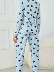 Heart Print Lounge Set Long Sleeve Top & Pants Women's Loungewear