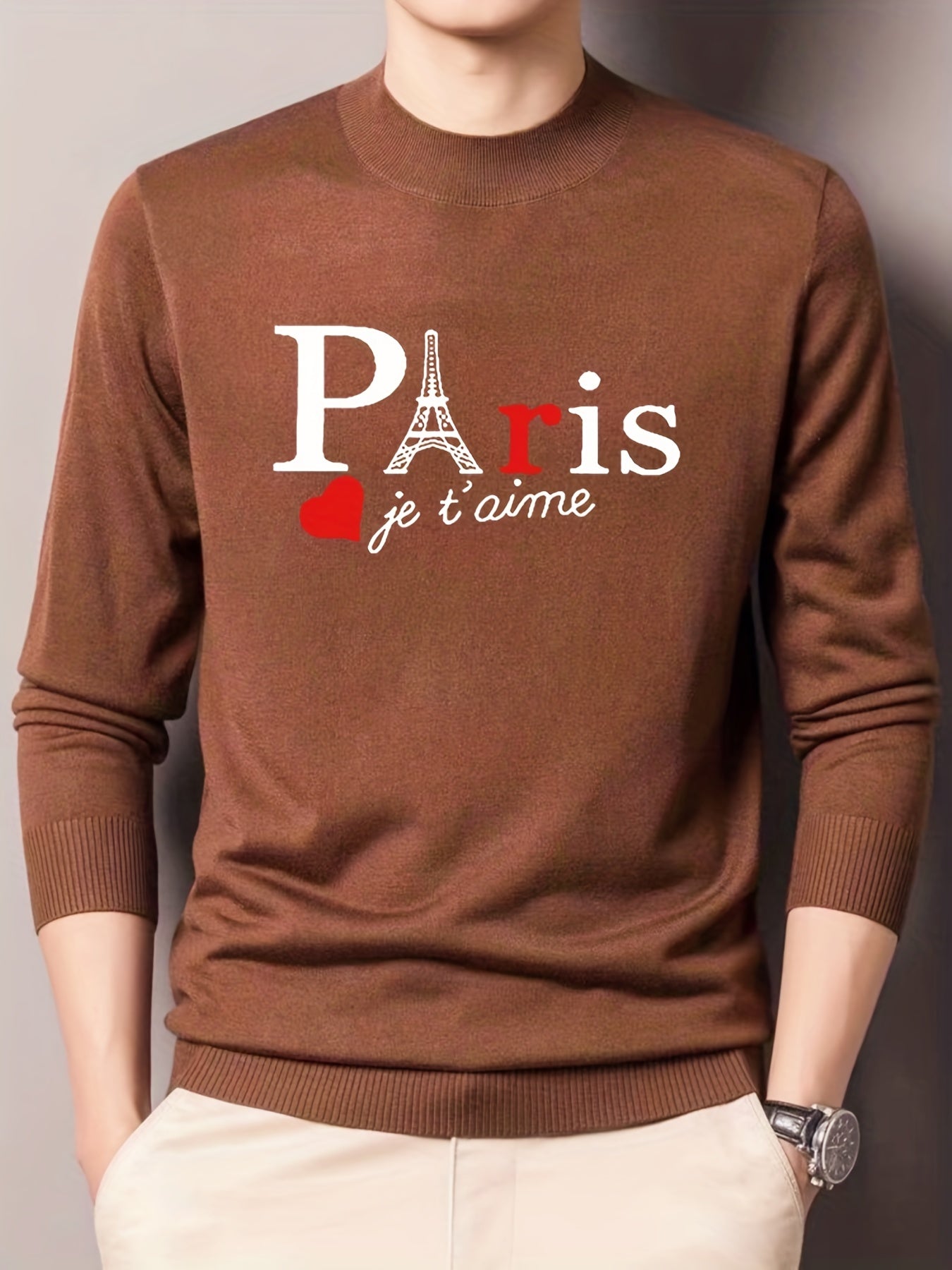 Men's Paris Print Knitted Sweater Casual Mid Stretch Long Sleeve Top