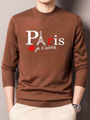 Men's Paris Print Knitted Sweater Casual Mid Stretch Long Sleeve Top