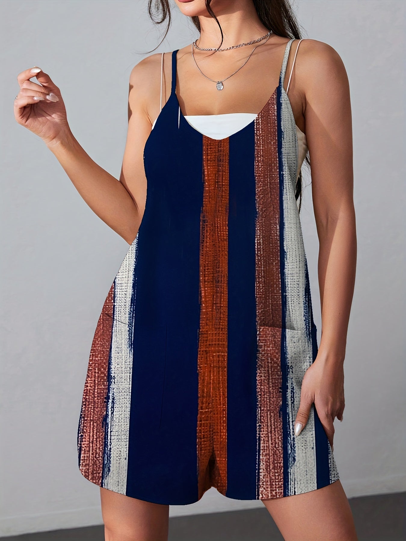 Striped Print Spaghetti Strap Romper Vintage Sleeveless Romper