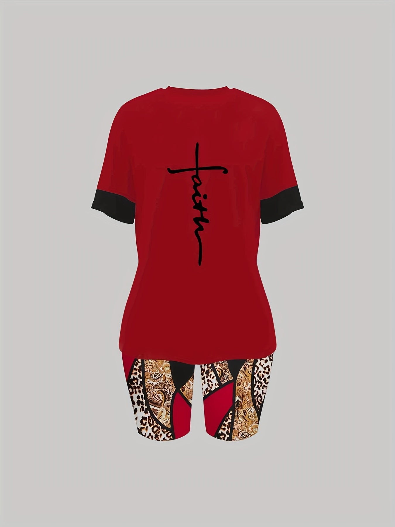 Faith Print Tee & Shorts Set Casual 2pcs Outfits Women's Clothing