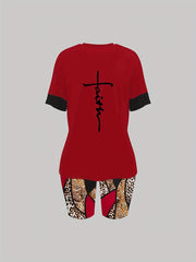 Faith Print Tee & Shorts Set Casual 2pcs Outfits Women's Clothing