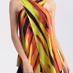 Cross Front Halter Neck Top All Over Print Backless Halter Summer Women's Clothi