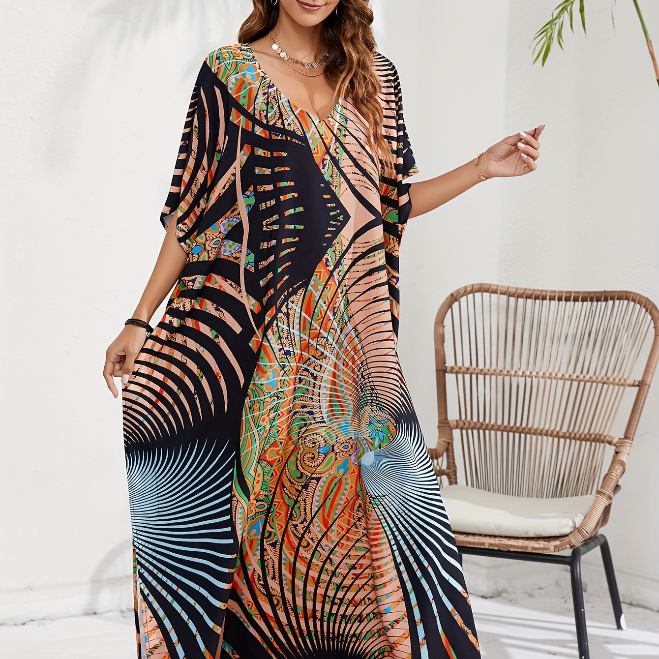 Boho Cover Up Plus Size Women's Batwing Sleeve V Neck Beach Cover Up Dress