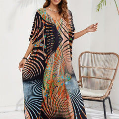 Boho Cover Up Plus Size Women's Batwing Sleeve V Neck Beach Cover Up Dress