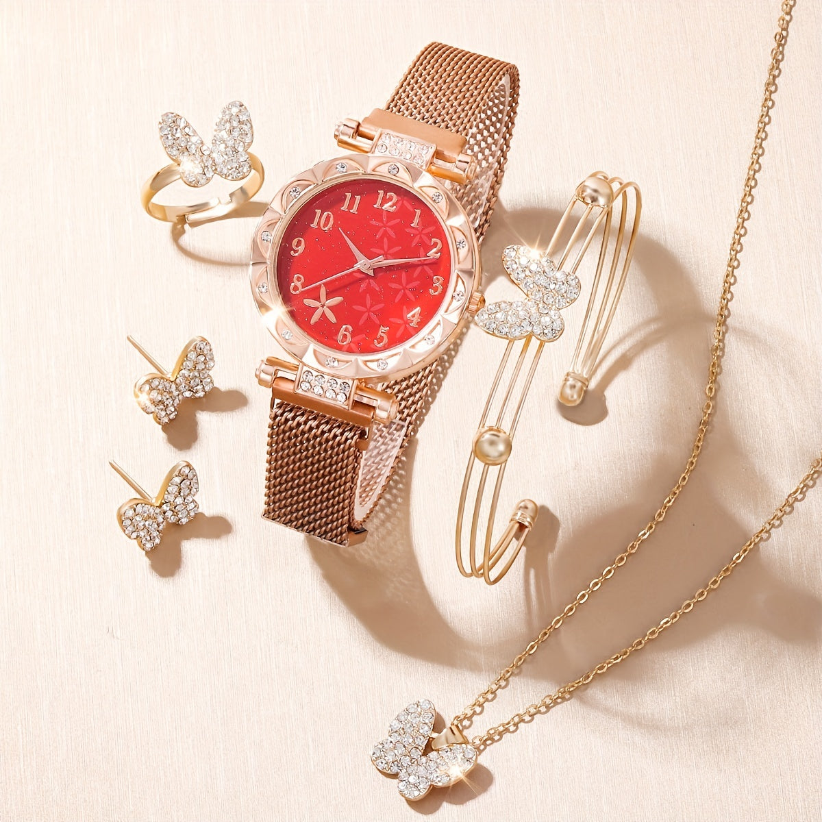 Quartz Watch with Rhinestone Studs & Butterfly Jewelry Set