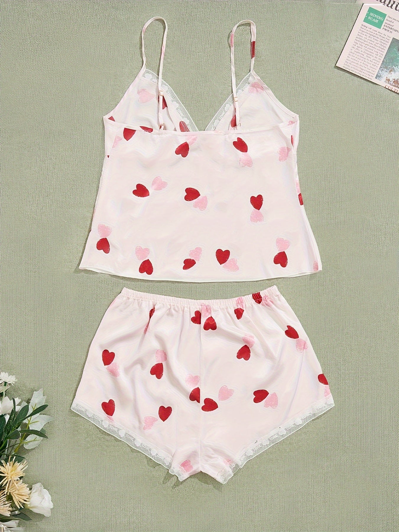 Heart Print Pajama Set V Neck Cami Top & Lace Trim Shorts Women's Sleepwear