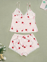 Heart Print Pajama Set V Neck Cami Top & Lace Trim Shorts Women's Sleepwear