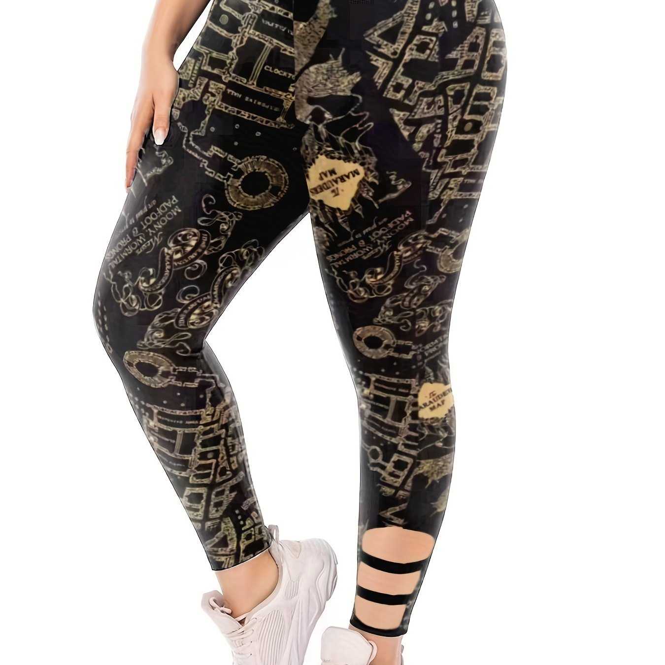 Women's Plus Geometric Print Cut Out High Rise Leggings