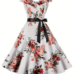 Vintage Floral V Neck Dress Pleated Party Dress Women's Clothing