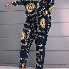 Geometric Print 2pcs Set, Long Sleeve Tops & Pants