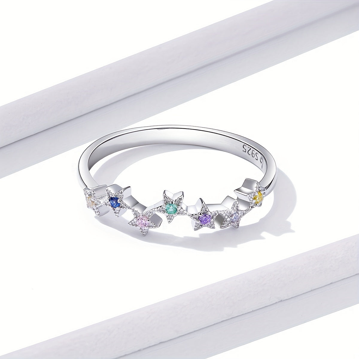 925 Silver Starry Ring with Colorful Zircon, Platinum Plated