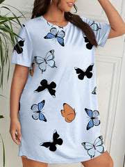 Butterfly Print Nightdress Short Sleeve Round Neck Sleep Dress