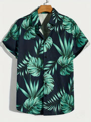 Coconut Tree & Vintage Car Print Men's Short Sleeve Shirt